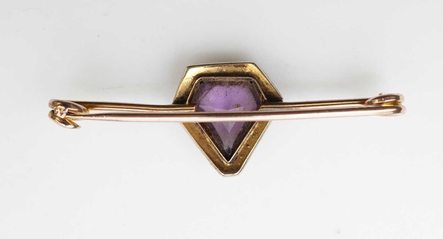 An Edwardian amethyst and seed pearl pendant and bar brooch, early 20th century
